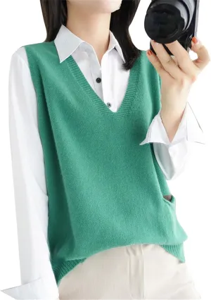 100% Merino Wool Sweater Pocket Vest Women's V Neck Pullover Slit Cashmere Knit Sleeveless Loose Vest Top