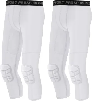 2 Pack Men's Basketball Pants with Knee Pads 3/4 Capri Padded Compression Tights Leggings Sports Athletic Baselayer