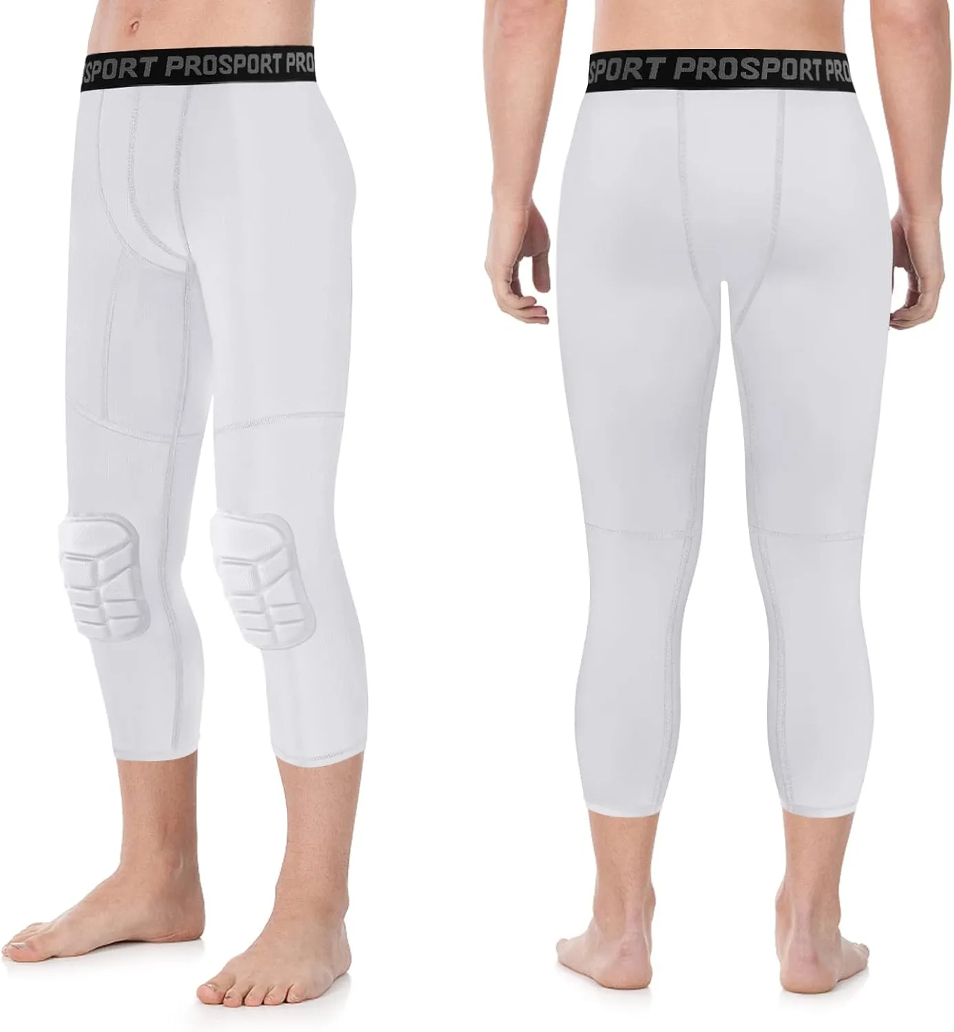 2 Pack Men's Basketball Pants with Knee Pads 3/4 Capri Padded Compression Tights Leggings Sports Athletic Baselayer