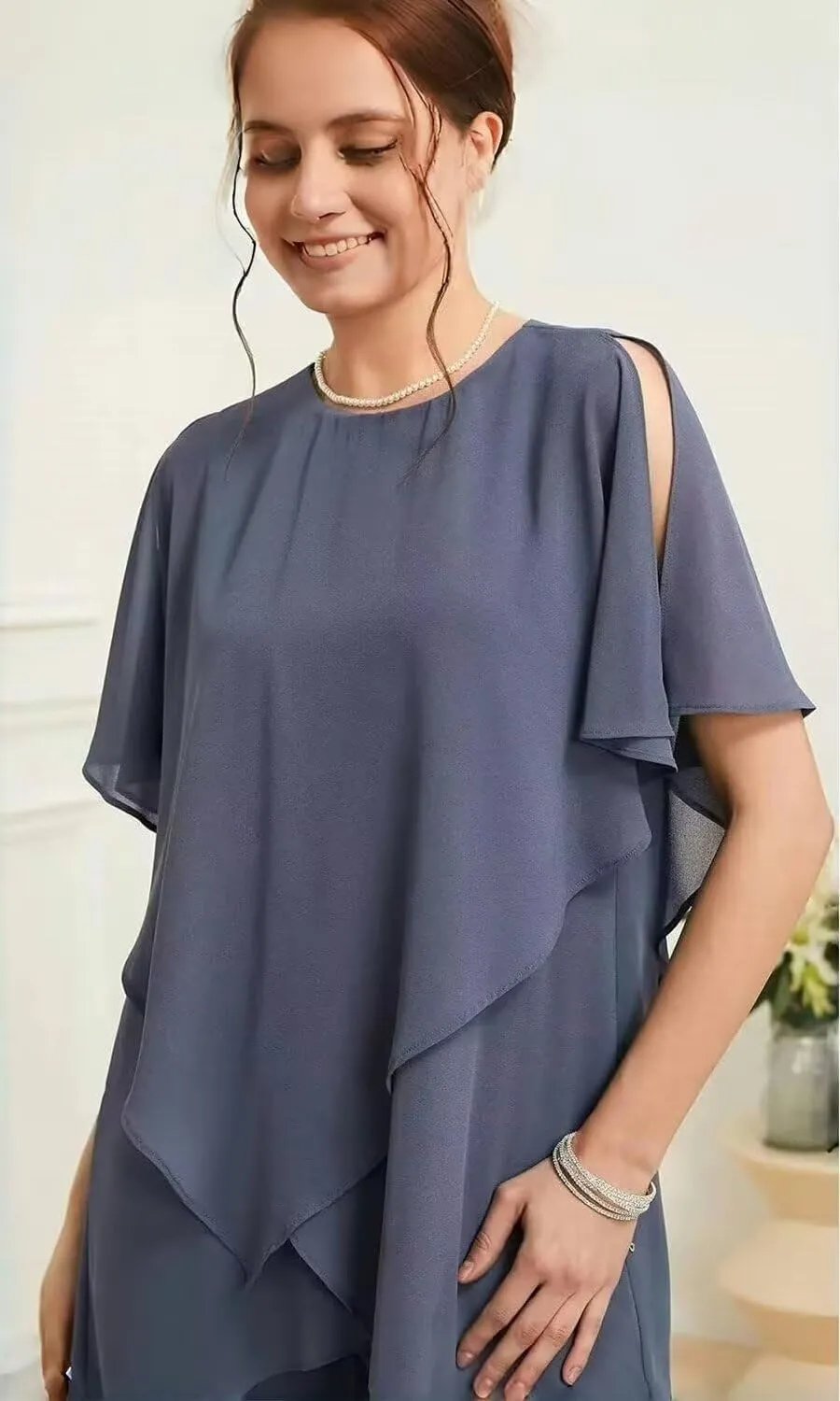 2 Pieces Mother of The Bride Pant Suits Chiffon Half Sleeves Women Dressy Outfits for Wedding Guest KW007