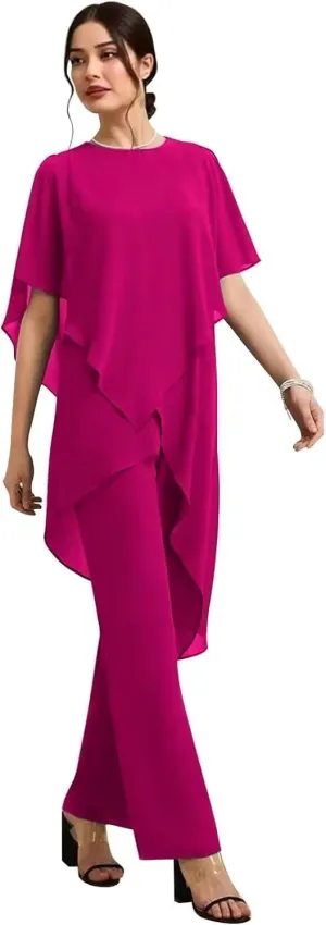 2 Pieces Mother of The Bride Pant Suits Chiffon Half Sleeves Women Dressy Outfits for Wedding Guest KW007