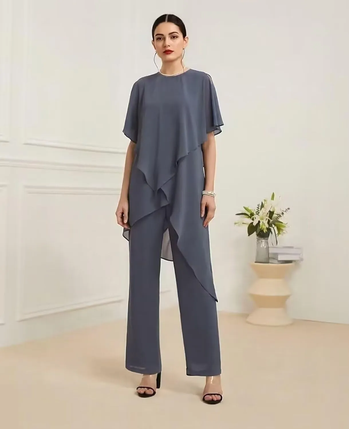 2 Pieces Mother of The Bride Pant Suits Chiffon Half Sleeves Women Dressy Outfits for Wedding Guest KW007
