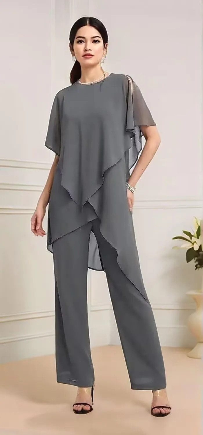 2 Pieces Mother of The Bride Pant Suits Chiffon Half Sleeves Women Dressy Outfits for Wedding Guest KW007