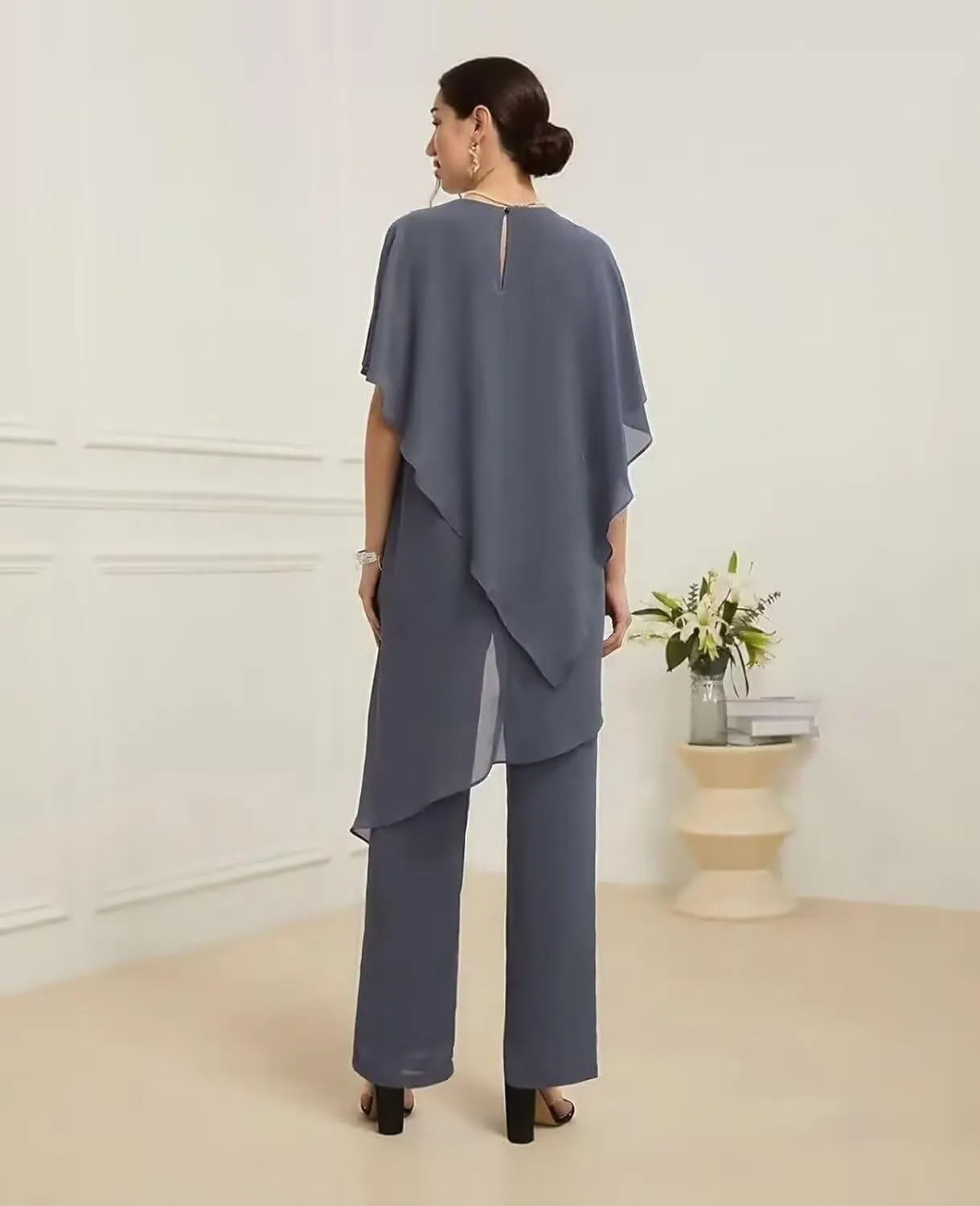 2 Pieces Mother of The Bride Pant Suits Chiffon Half Sleeves Women Dressy Outfits for Wedding Guest KW007