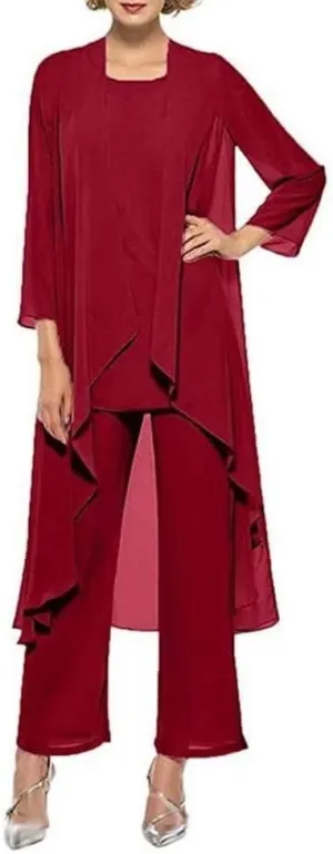 3 Pcs Mother of The Bride Pant Suits for Wedding Chiffon Long Sleeve Formal Outfit Wedding Pantsuits with Jacket 2023