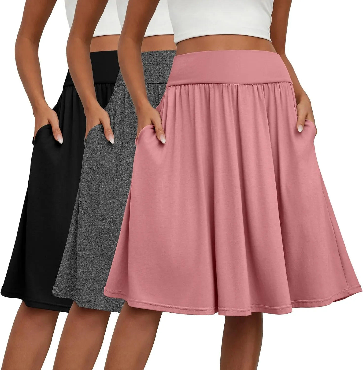 3 Pcs Womens Midi Skirts Knee Length with Pockets Casual High Waisted 2025 Trendy Summer Midi Skirt for Ladies