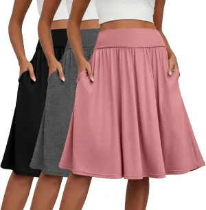 3 Pcs Womens Midi Skirts Knee Length with Pockets Casual High Waisted 2025 Trendy Summer Midi Skirt for Ladies
