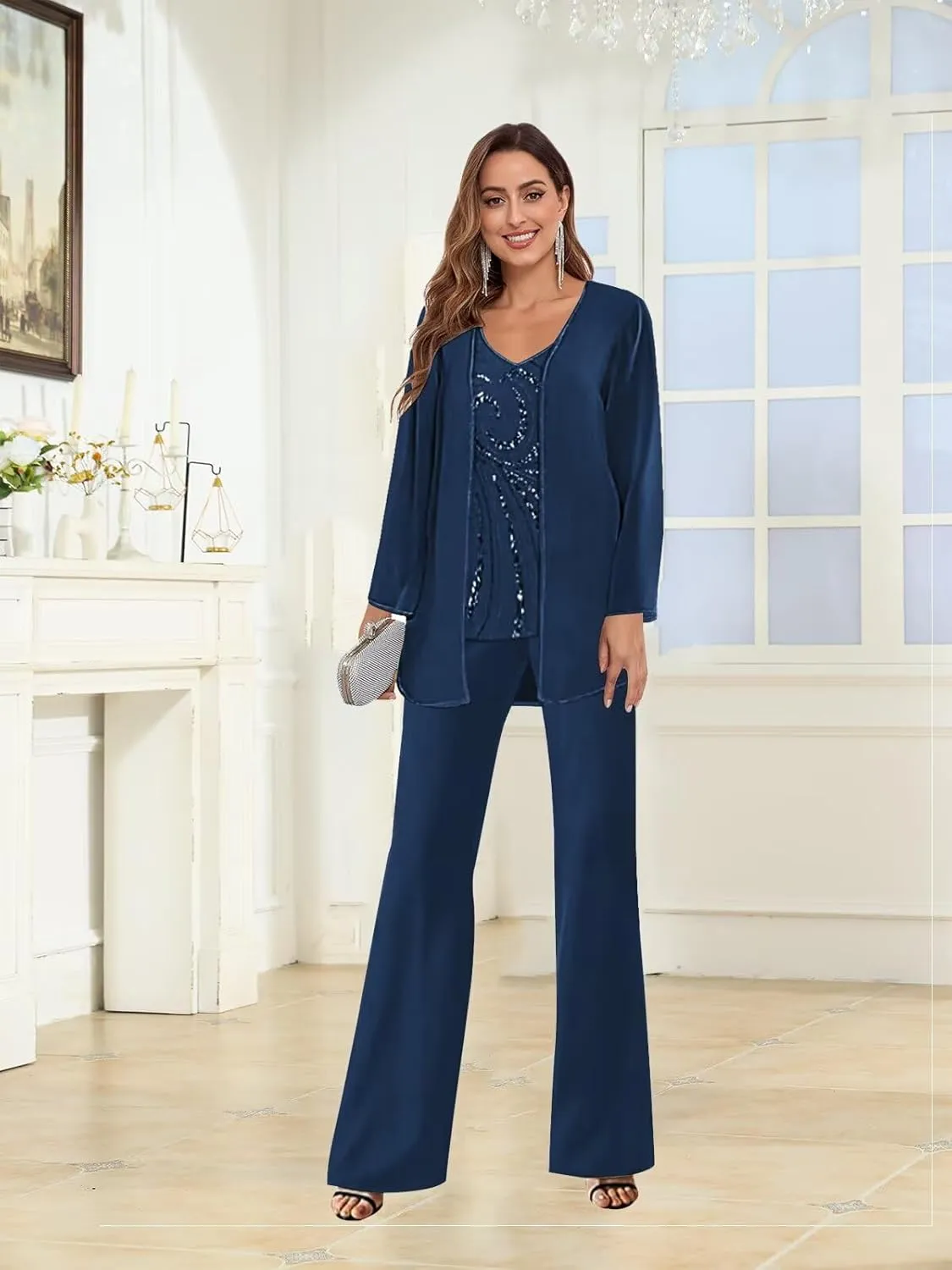 3 Pieces Mother of The Bride Pantsuits with Jacket Long Sleeves Formal Evening Pants Outfit