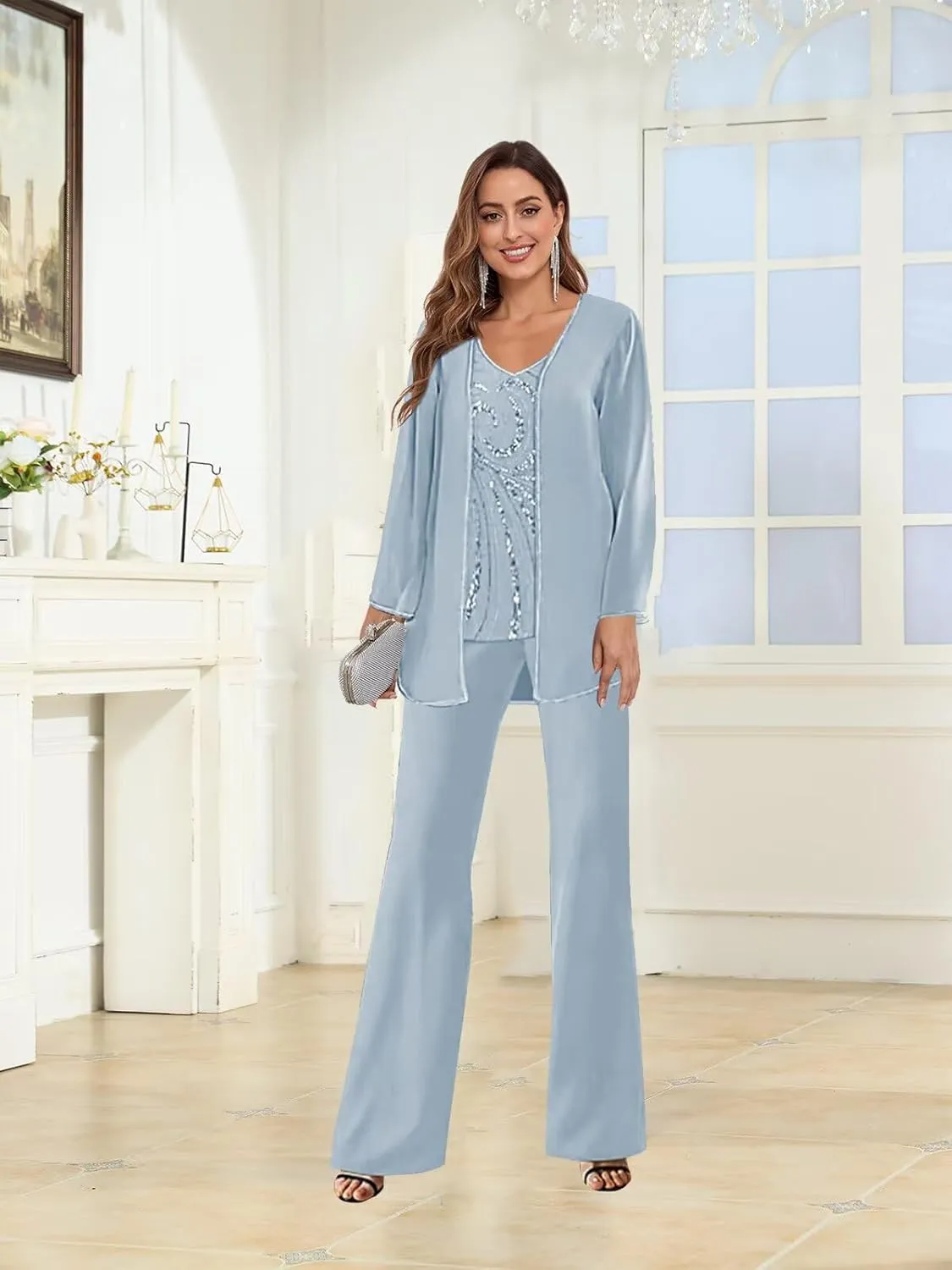 3 Pieces Mother of The Bride Pantsuits with Jacket Long Sleeves Formal Evening Pants Outfit