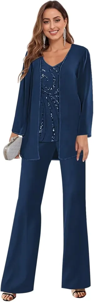 3 Pieces Mother of The Bride Pantsuits with Jacket Long Sleeves Formal Evening Pants Outfit