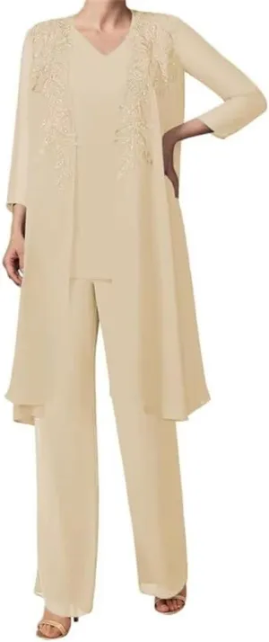 3 Pieces Sequins Mother of The Bride Dress Pant Suits Chiffon Lace Long Formal Evening Gowns with Jacket