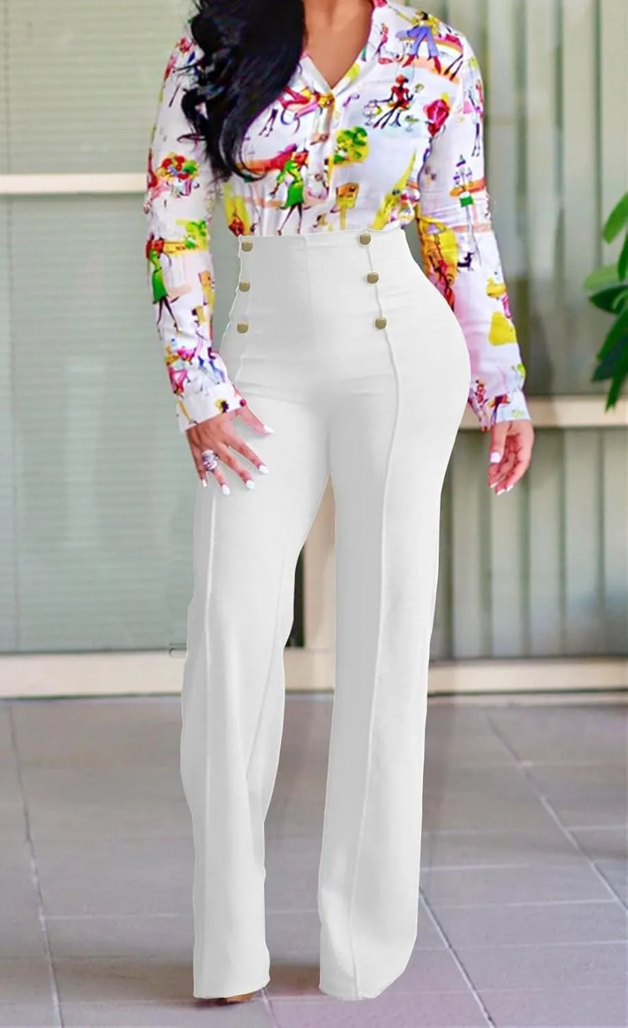 A ADILACA Women's 6-Button Trousers, Casual Work Office Basic Flare Dress Pants, High Waist Straight-Leg Long Pants