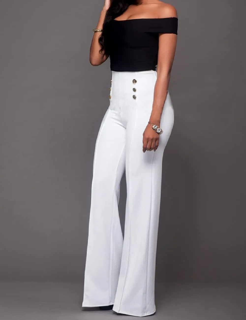 A ADILACA Women's 6-Button Trousers, Casual Work Office Basic Flare Dress Pants, High Waist Straight-Leg Long Pants