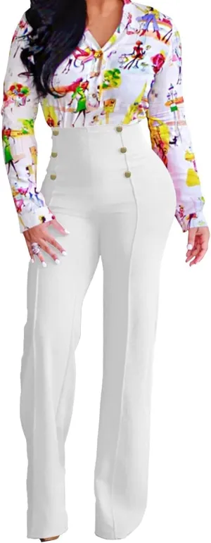 A ADILACA Women's 6-Button Trousers, Casual Work Office Basic Flare Dress Pants, High Waist Straight-Leg Long Pants