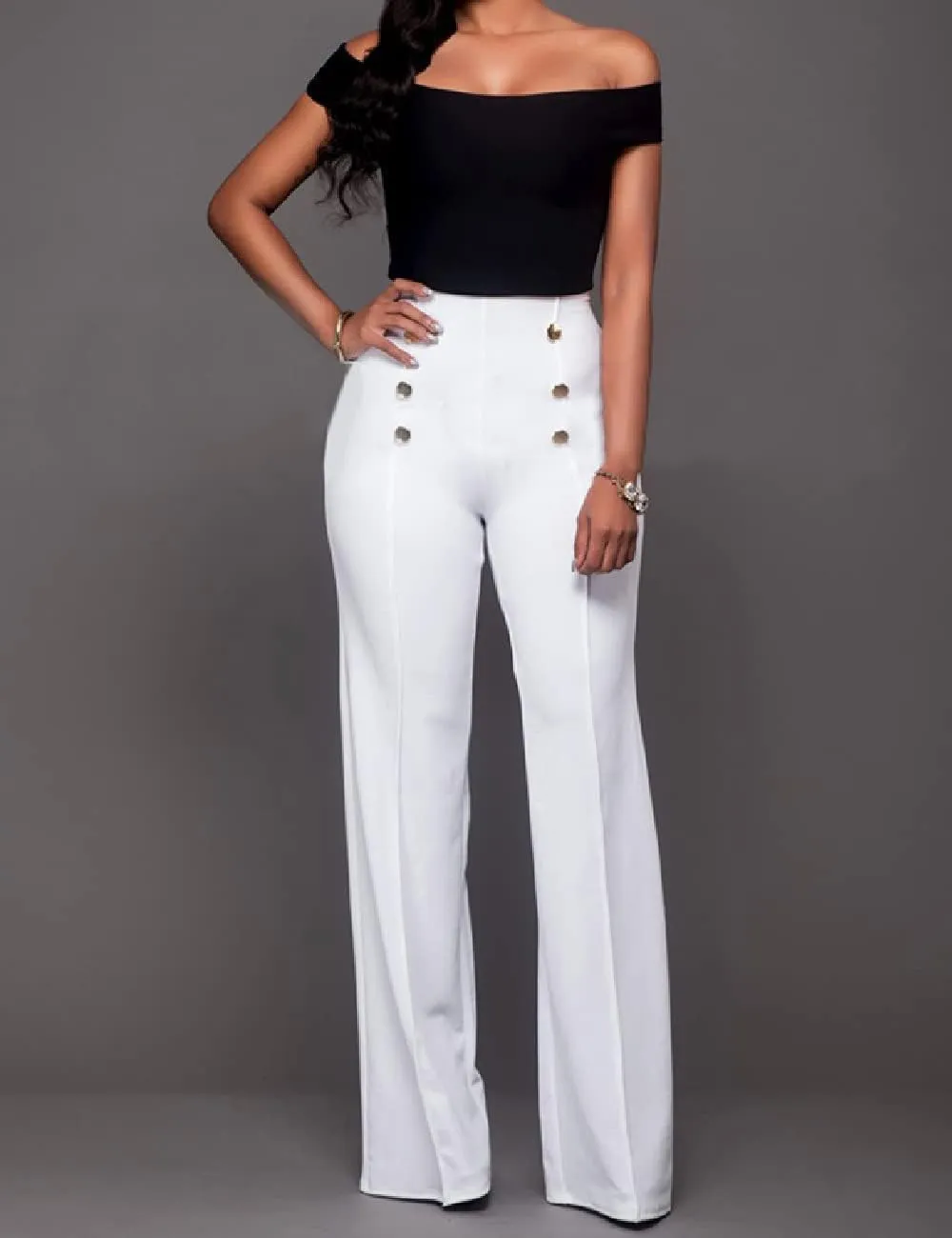 A ADILACA Women's 6-Button Trousers, Casual Work Office Basic Flare Dress Pants, High Waist Straight-Leg Long Pants