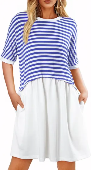 Acelitt Women Casual Summer Short Sleeve Crewneck Striped Dresses Loose Tshirt Dress,S-2XL