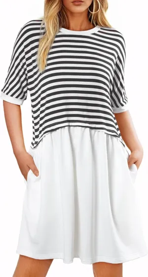 Acelitt Women Casual Summer Short Sleeve Crewneck Striped Dresses Loose Tshirt Dress,S-2XL
