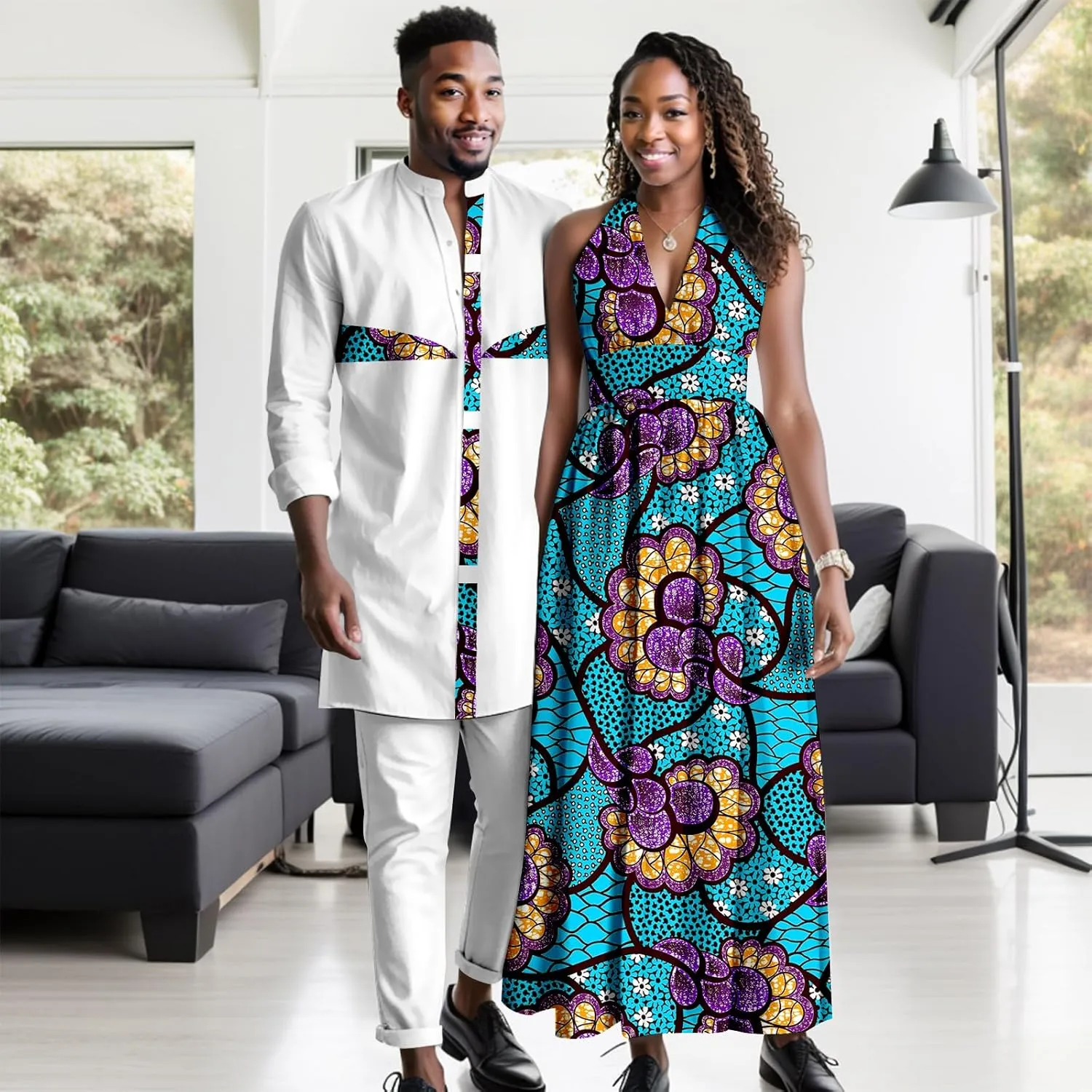 Africa Couples Men's Short Sleeve Top Pants Women's Patchwork Dress Ankara Fabric Chest Split Neckline