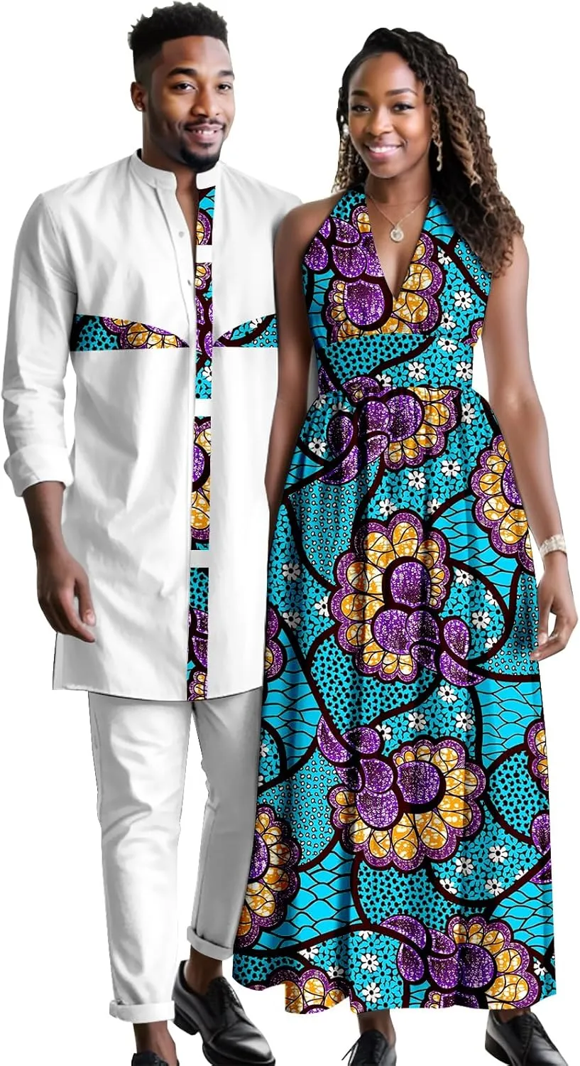 Africa Couples Men's Short Sleeve Top Pants Women's Patchwork Dress Ankara Fabric Chest Split Neckline