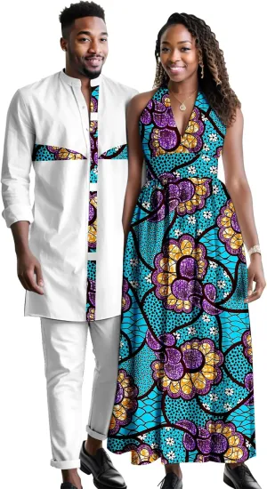 Africa Couples Men's Short Sleeve Top Pants Women's Patchwork Dress Ankara Fabric Chest Split Neckline