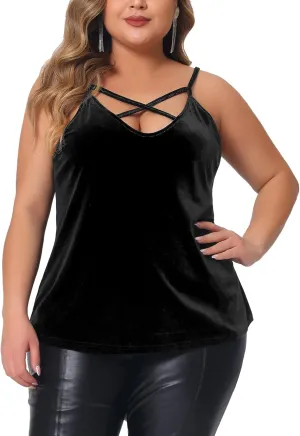 Agnes Orinda Plus Size Camis for Women Criss Cross V Neck Spaghetti Strap Cami Velvet Tank Top
