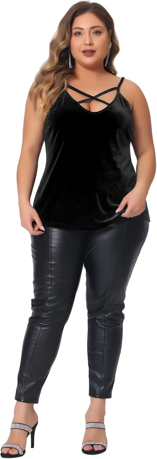 Agnes Orinda Plus Size Camis for Women Criss Cross V Neck Spaghetti Strap Cami Velvet Tank Top