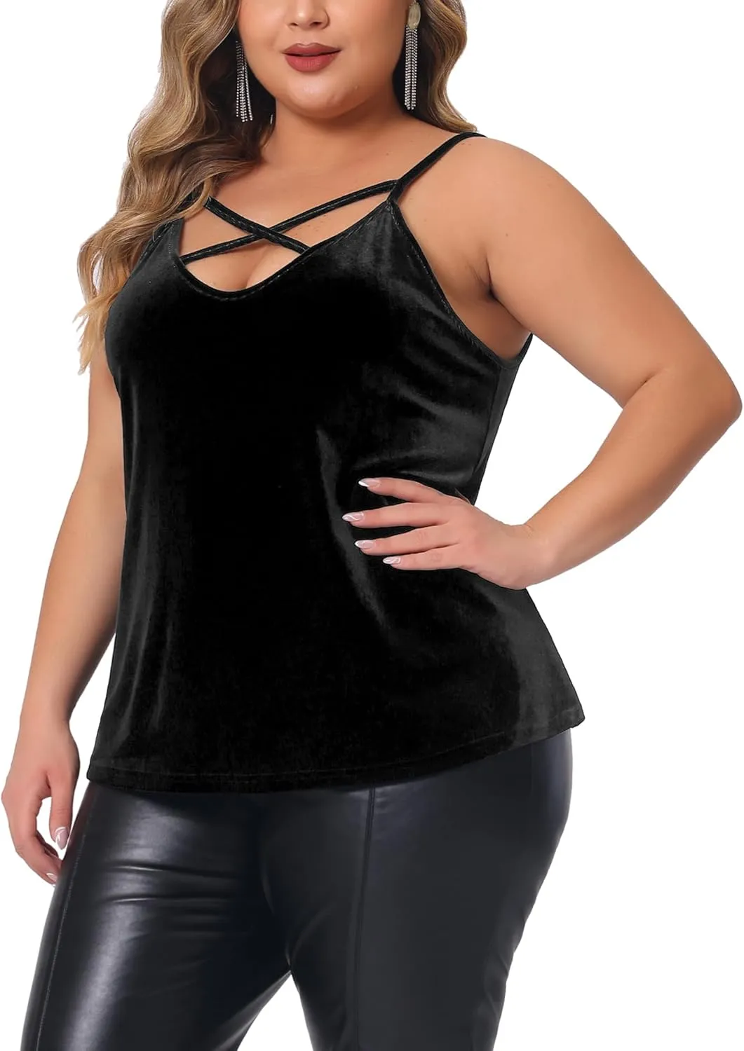 Agnes Orinda Plus Size Camis for Women Criss Cross V Neck Spaghetti Strap Cami Velvet Tank Top