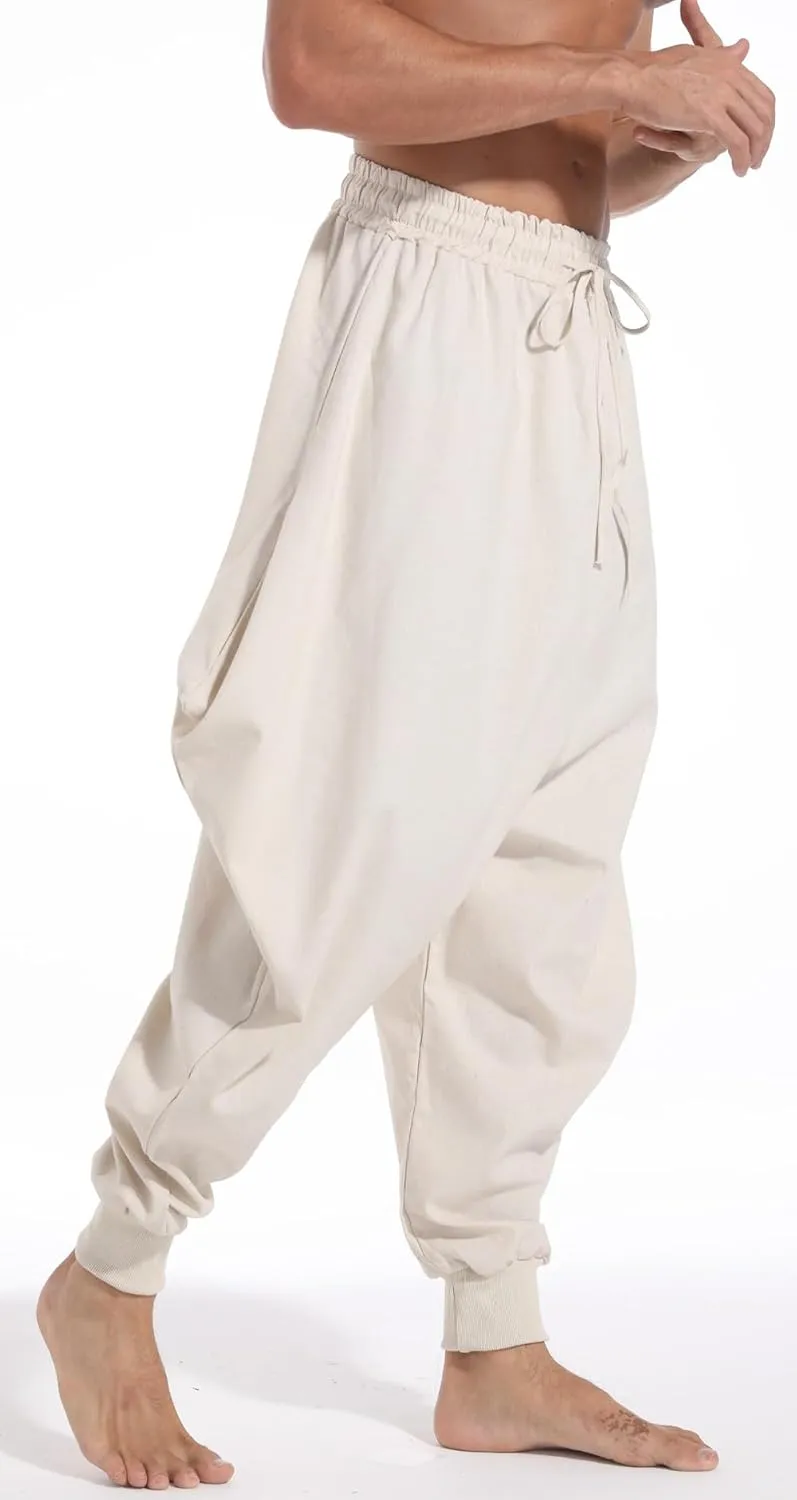 AITFINEISM Men's Drawstring Aladdin Hippie Harem Pants Loose Drop Crotch Trousers