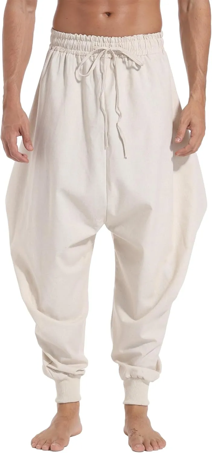AITFINEISM Men's Drawstring Aladdin Hippie Harem Pants Loose Drop Crotch Trousers