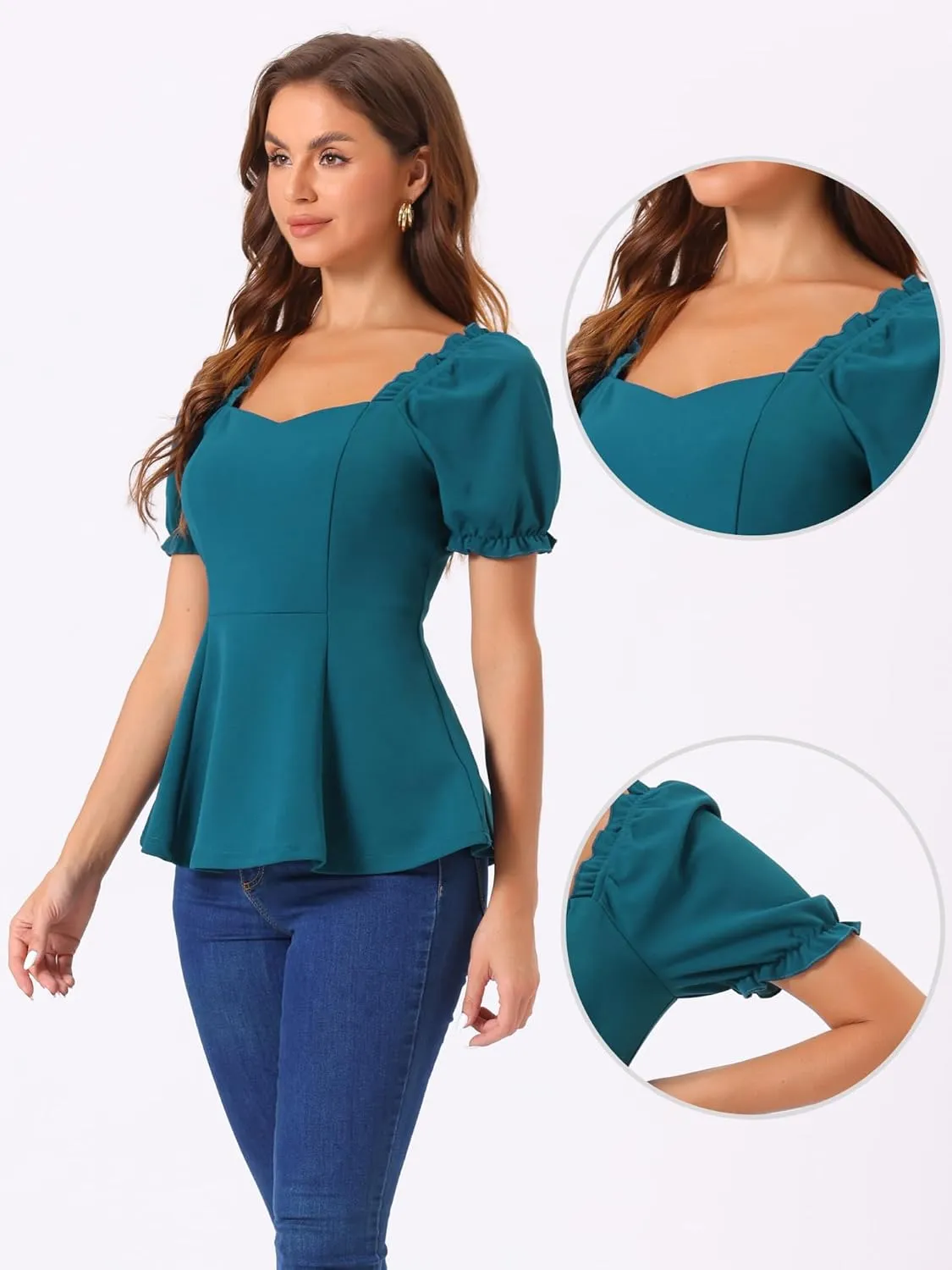 Allegra K Peplum Top for Women's Elegant Ruffles Puff Sleeve Sweetheart Neck Blouse