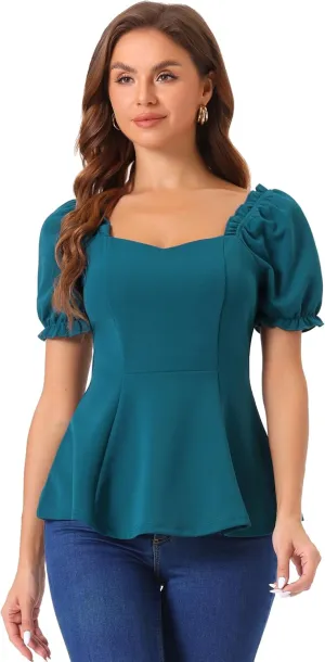 Allegra K Peplum Top for Women's Elegant Ruffles Puff Sleeve Sweetheart Neck Blouse