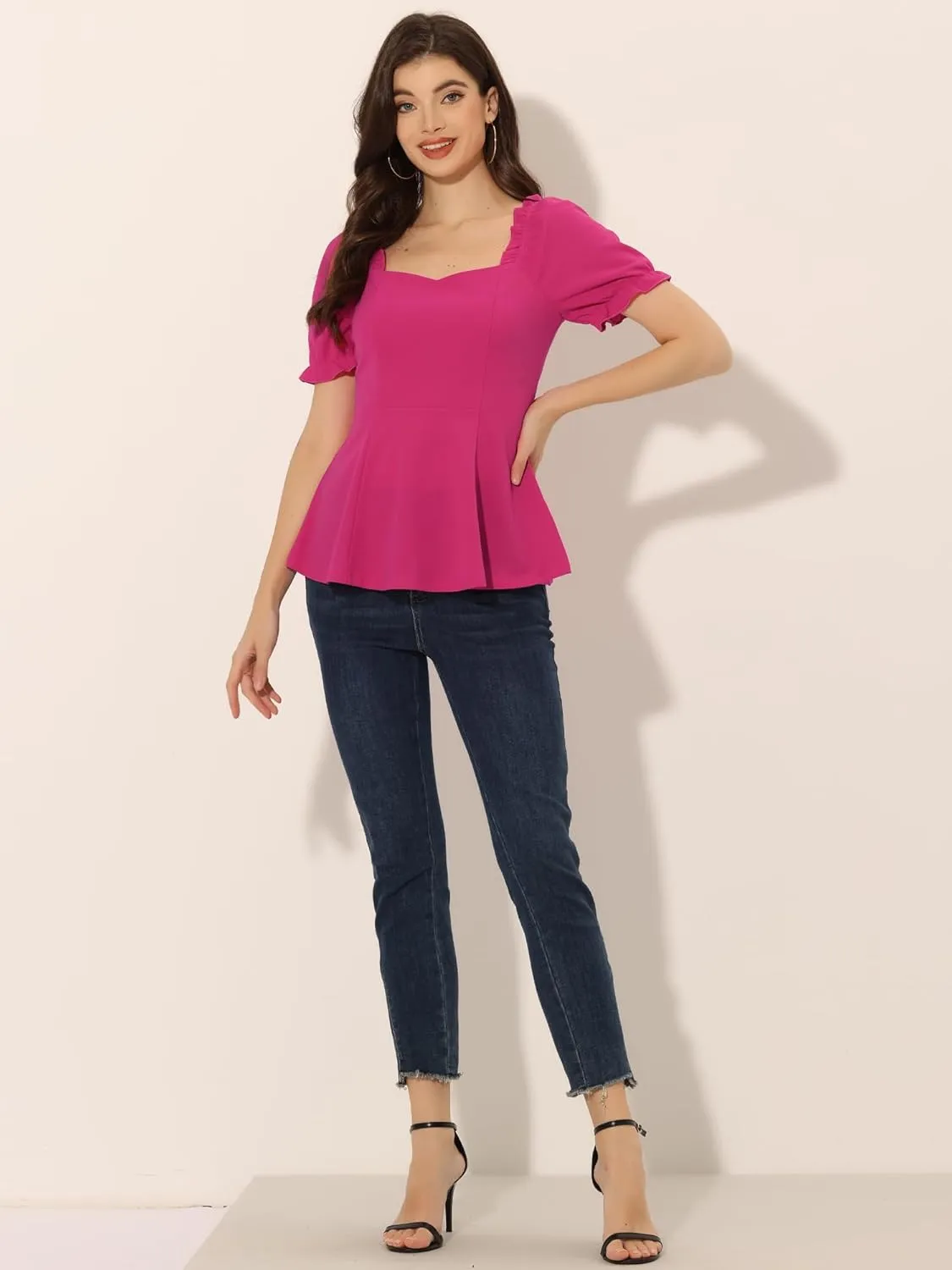 Allegra K Peplum Top for Women's Elegant Ruffles Puff Sleeve Sweetheart Neck Blouse