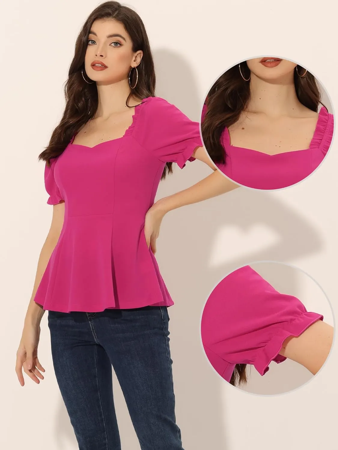 Allegra K Peplum Top for Women's Elegant Ruffles Puff Sleeve Sweetheart Neck Blouse