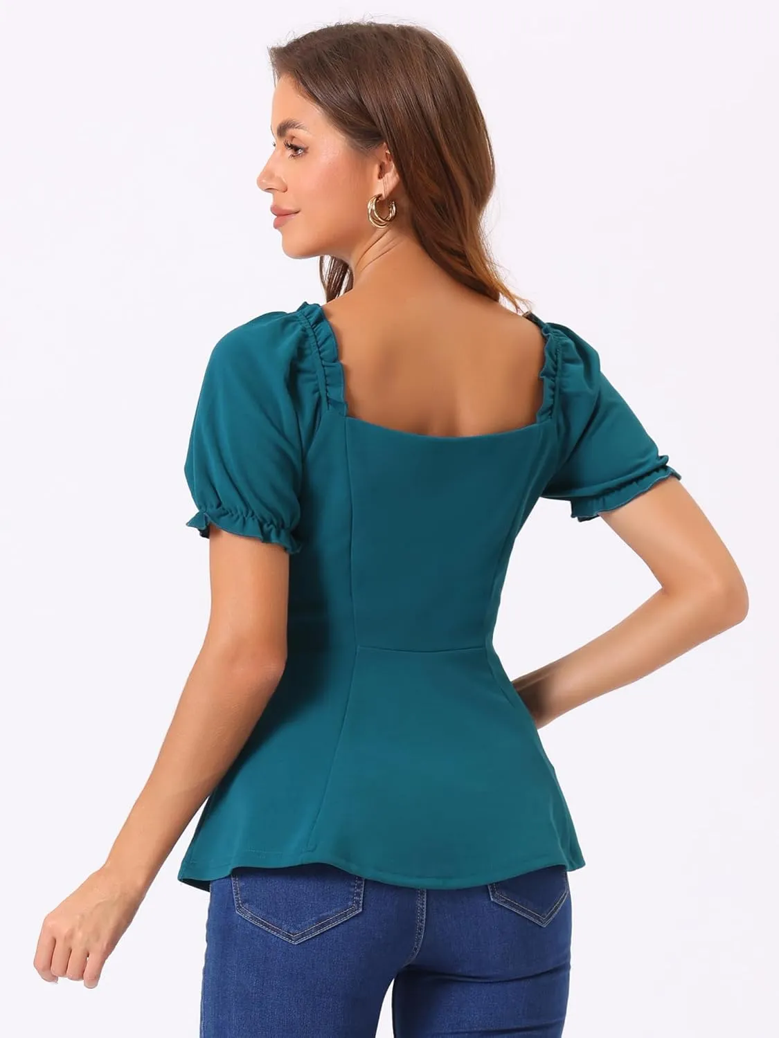 Allegra K Peplum Top for Women's Elegant Ruffles Puff Sleeve Sweetheart Neck Blouse