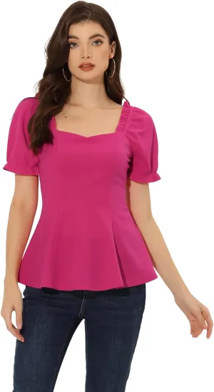 Allegra K Peplum Top for Women's Elegant Ruffles Puff Sleeve Sweetheart Neck Blouse