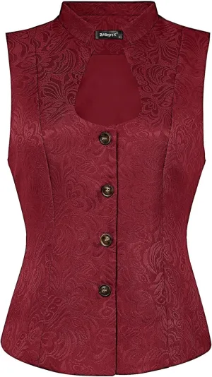 Allegra K Vintage Suit Waistcoat for Women's Gothic Blazer Sleeveless Steampunk Jacquard Dressy Vest