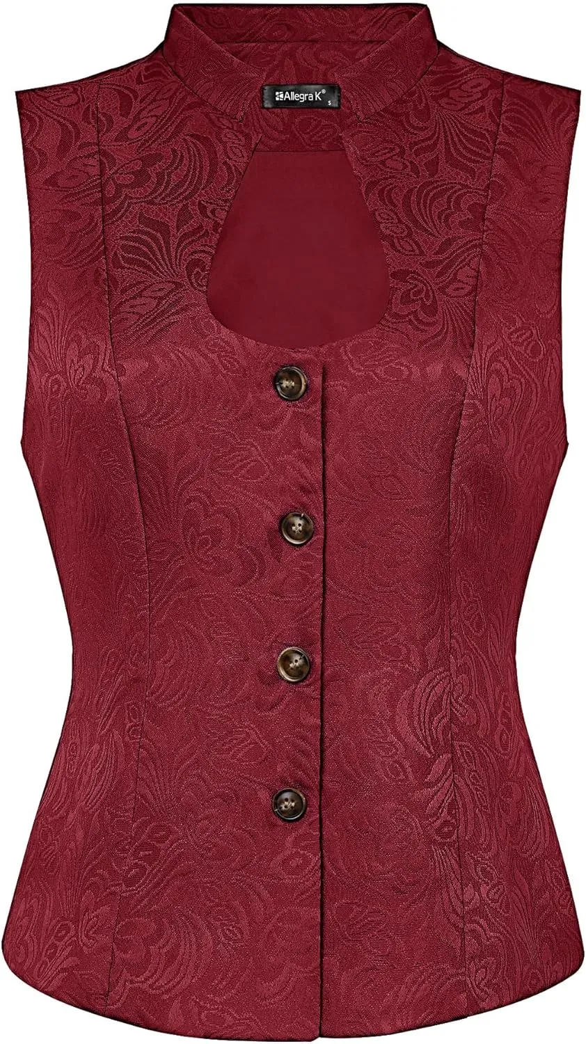 Allegra K Vintage Suit Waistcoat for Women's Gothic Blazer Sleeveless Steampunk Jacquard Dressy Vest