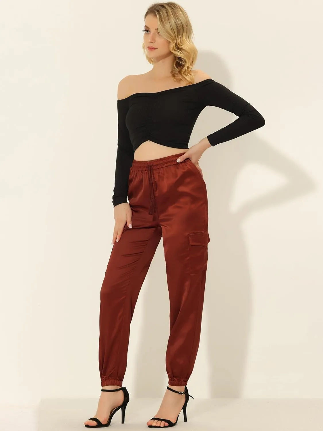 Allegra K Women's Satin Joggers Drawstring Elastic Athleisure Pants High Waist Shiny Silky Satin Cargo Pants