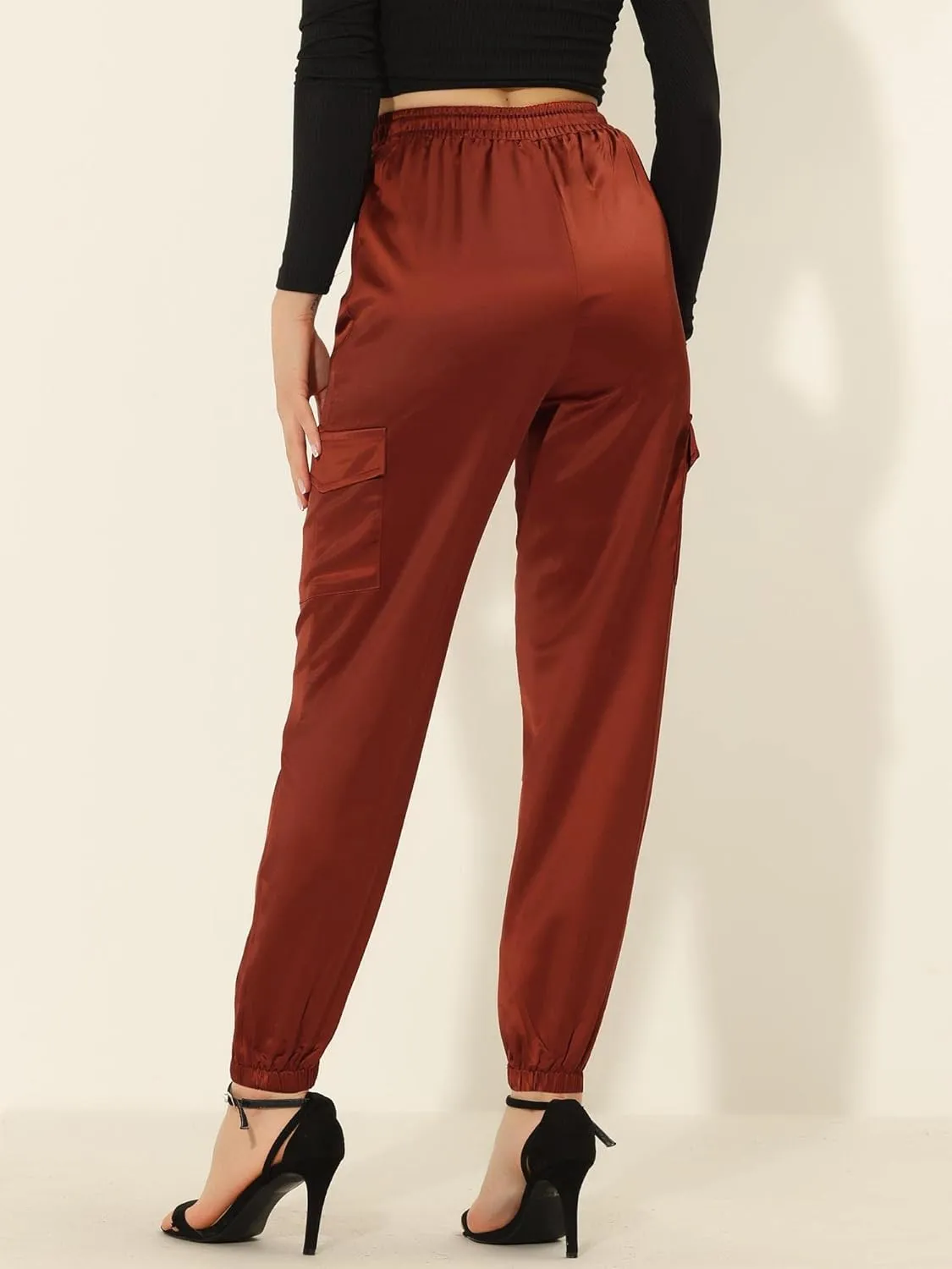 Allegra K Women's Satin Joggers Drawstring Elastic Athleisure Pants High Waist Shiny Silky Satin Cargo Pants