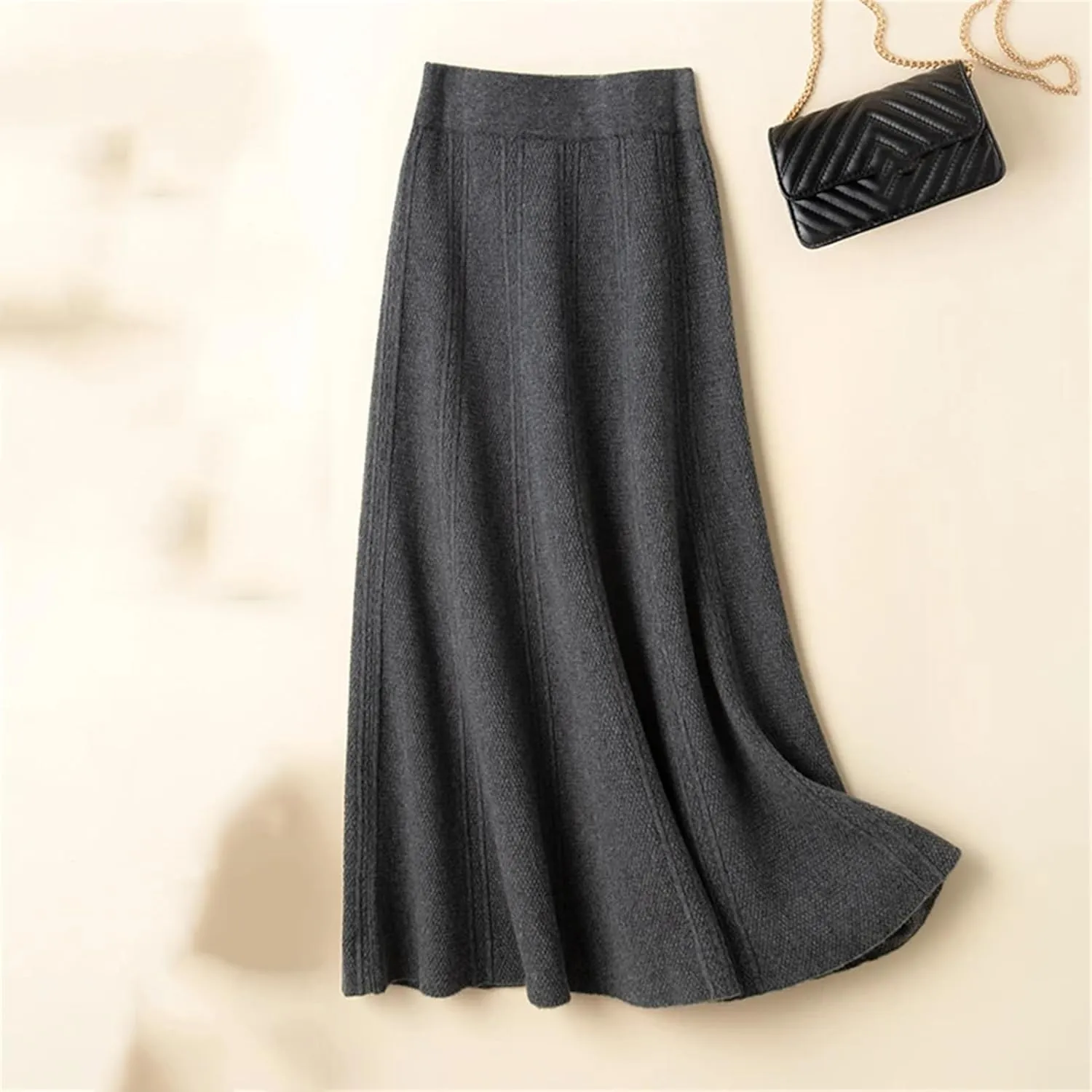 Alloaone Women's 100% Wool Skirt Winter Fashion Knitted Pleated Knit Sweater Midi Skirts