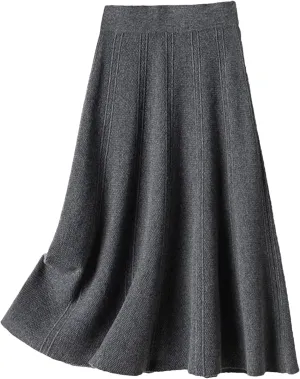 Alloaone Women's 100% Wool Skirt Winter Fashion Knitted Pleated Knit Sweater Midi Skirts