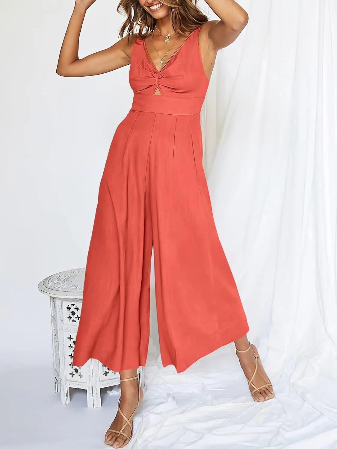 ANRABESS Women's Jumpsuits Summer Wide Leg Sleeveless V Neck Casual Dressy Linen Pants Rompers 2025 Vacation Beach Outfits