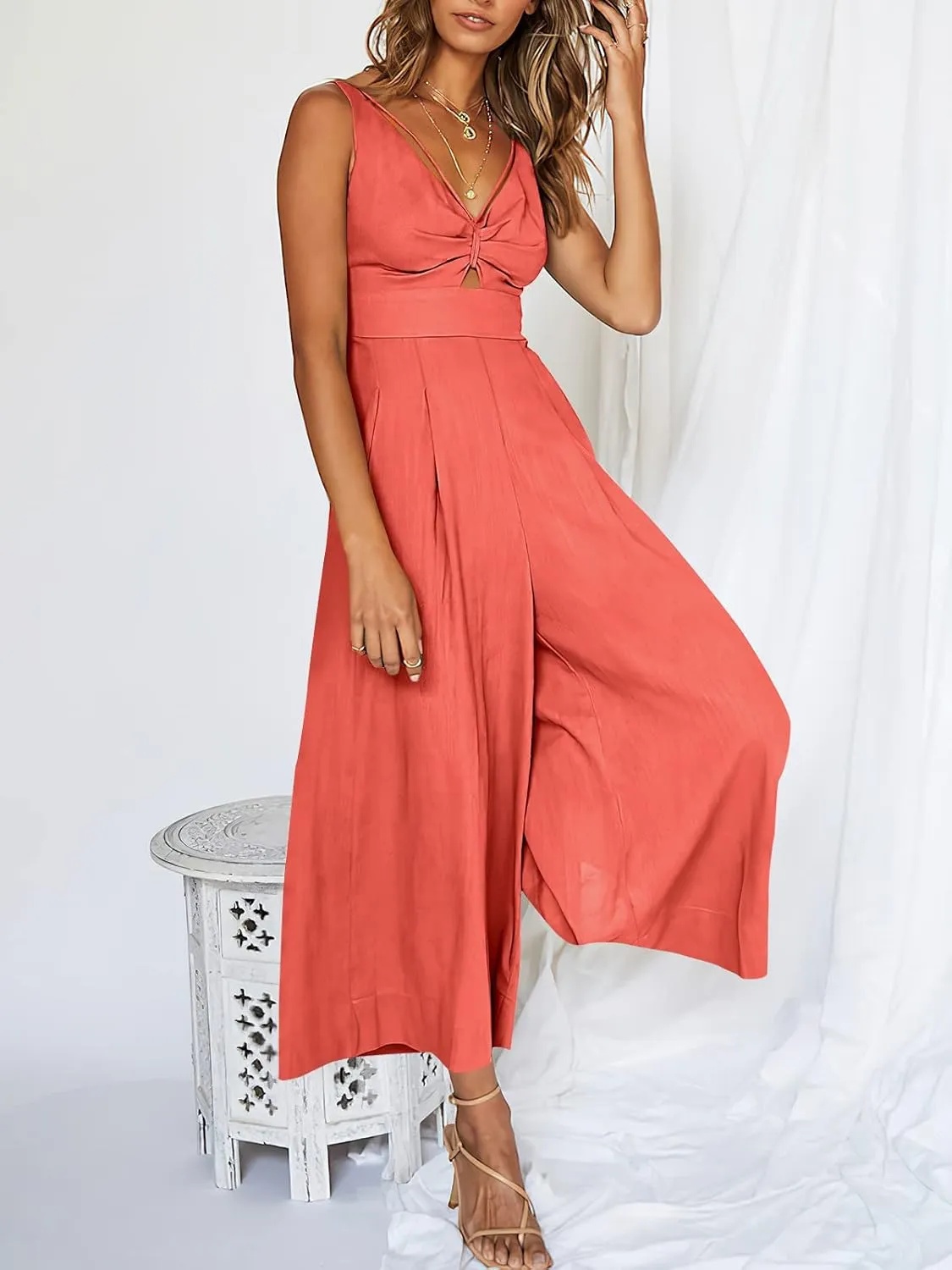 ANRABESS Women's Jumpsuits Summer Wide Leg Sleeveless V Neck Casual Dressy Linen Pants Rompers 2025 Vacation Beach Outfits