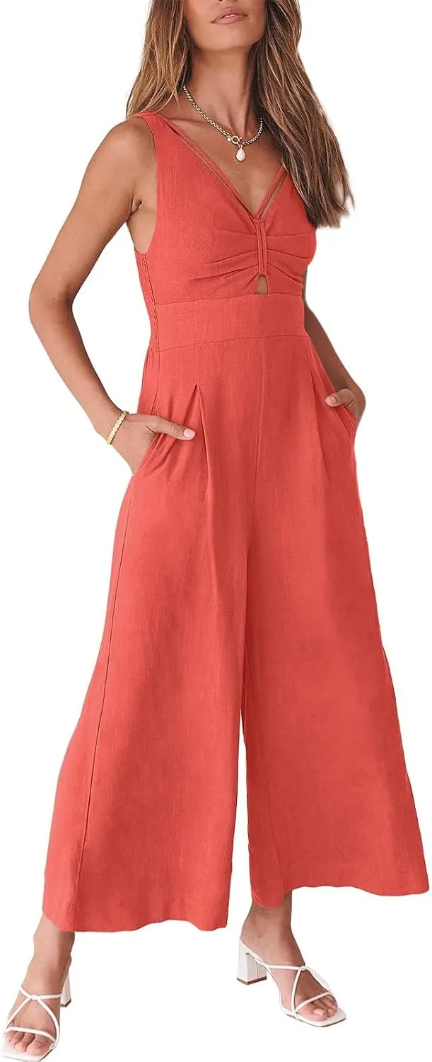 ANRABESS Women's Jumpsuits Summer Wide Leg Sleeveless V Neck Casual Dressy Linen Pants Rompers 2025 Vacation Beach Outfits