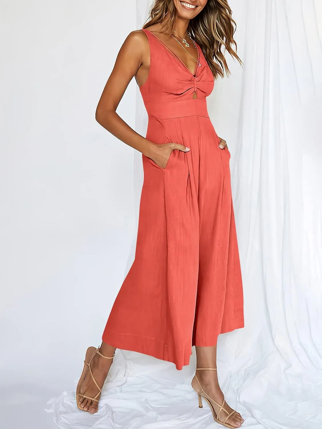 ANRABESS Women's Jumpsuits Summer Wide Leg Sleeveless V Neck Casual Dressy Linen Pants Rompers 2025 Vacation Beach Outfits