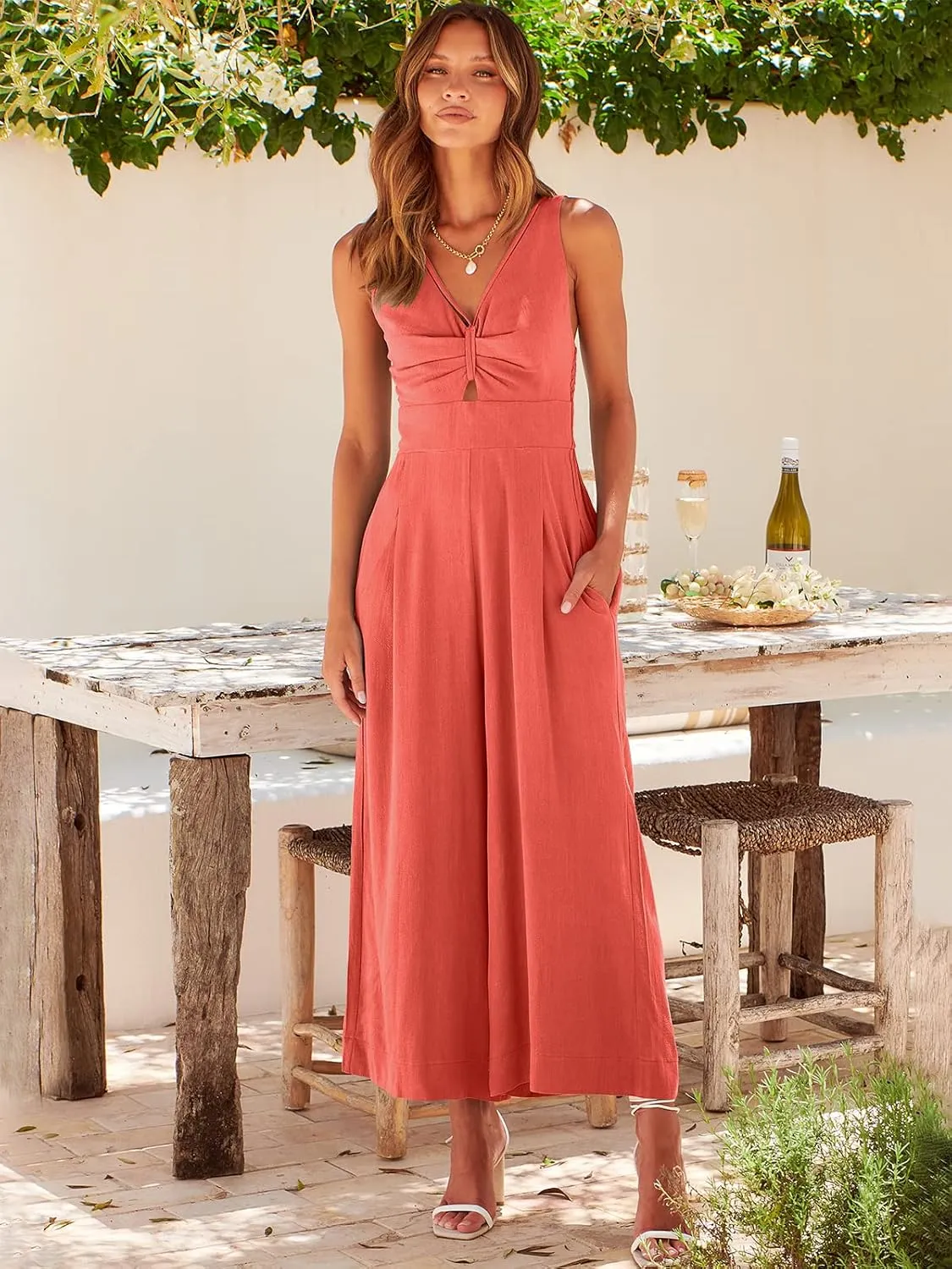 ANRABESS Women's Jumpsuits Summer Wide Leg Sleeveless V Neck Casual Dressy Linen Pants Rompers 2025 Vacation Beach Outfits