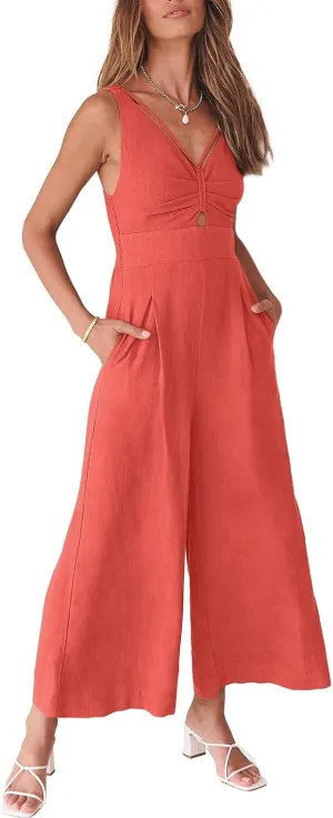 ANRABESS Women's Jumpsuits Summer Wide Leg Sleeveless V Neck Casual Dressy Linen Pants Rompers 2025 Vacation Beach Outfits