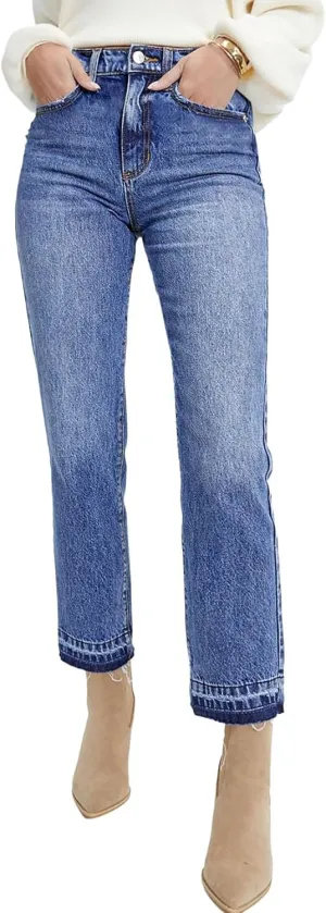 Astylish Womens High Waisted Straight Leg Ankle Jeans Casual Stretch Denim Pants