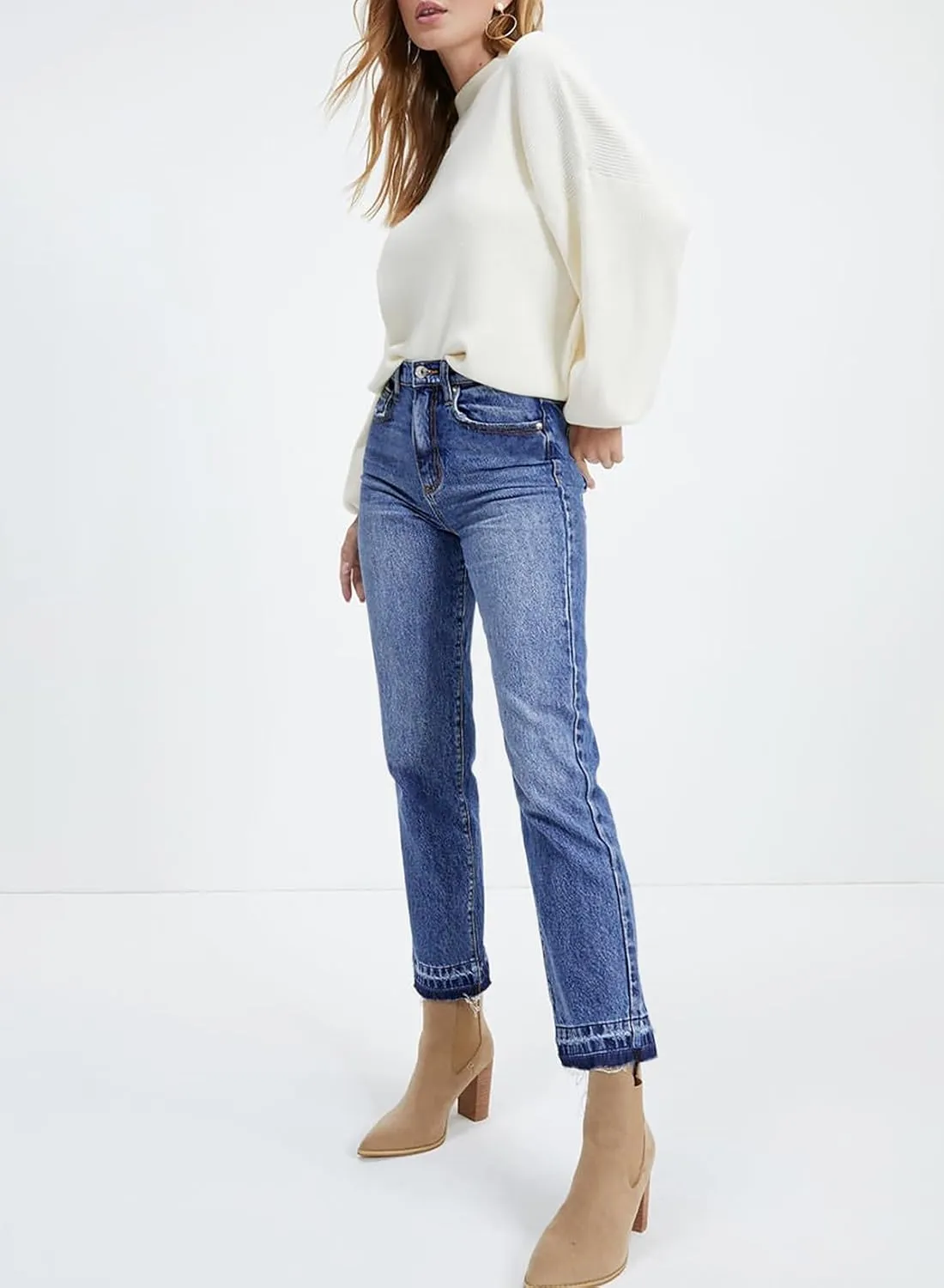 Astylish Womens High Waisted Straight Leg Ankle Jeans Casual Stretch Denim Pants