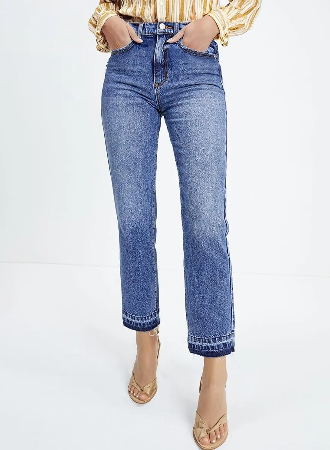Astylish Womens High Waisted Straight Leg Ankle Jeans Casual Stretch Denim Pants